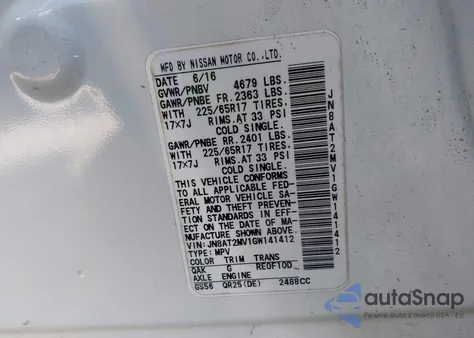 2016 Nissan Rogue Sv z USA, uszkodzony, nr VIN JN8AT2MV1GW141412